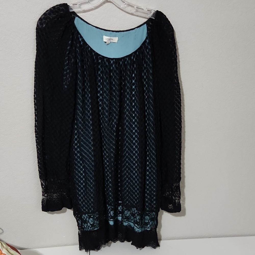 Umgee Top Womens Size Large Blouse Black Blue Lace Longsleeve